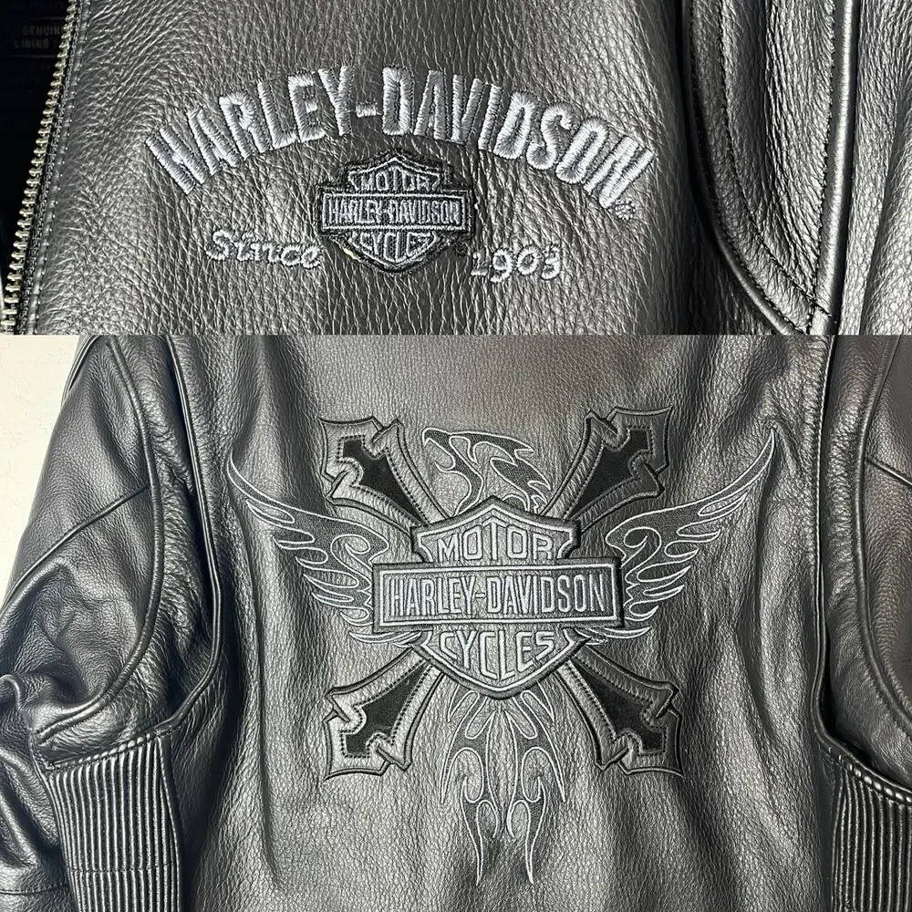Harley Davidson Men's black leather jacket Embroidered logo front & back Size M